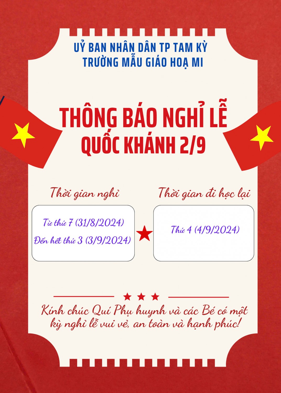 THÔNG BÁO NGHỈ LỄ QUỐC KHÁNH 2/9