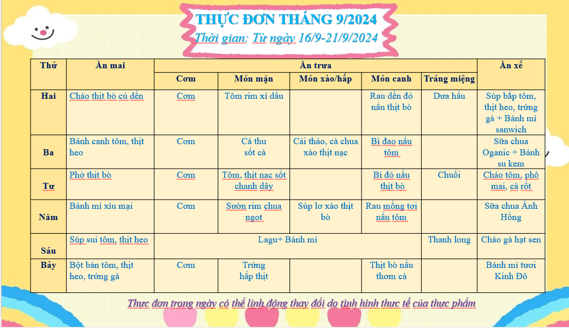 Thực đơn tuần 3 tháng 9 năm 2024