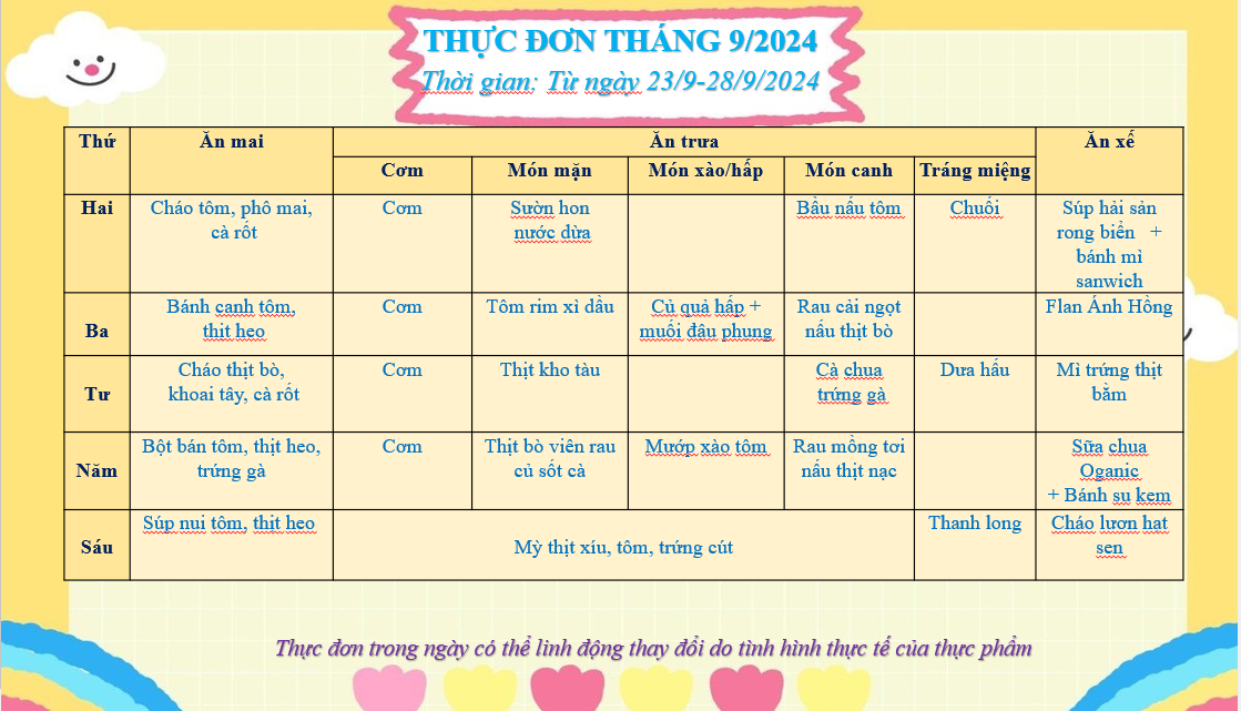 Thực đơn tuần 4 tháng 9 năm 2024